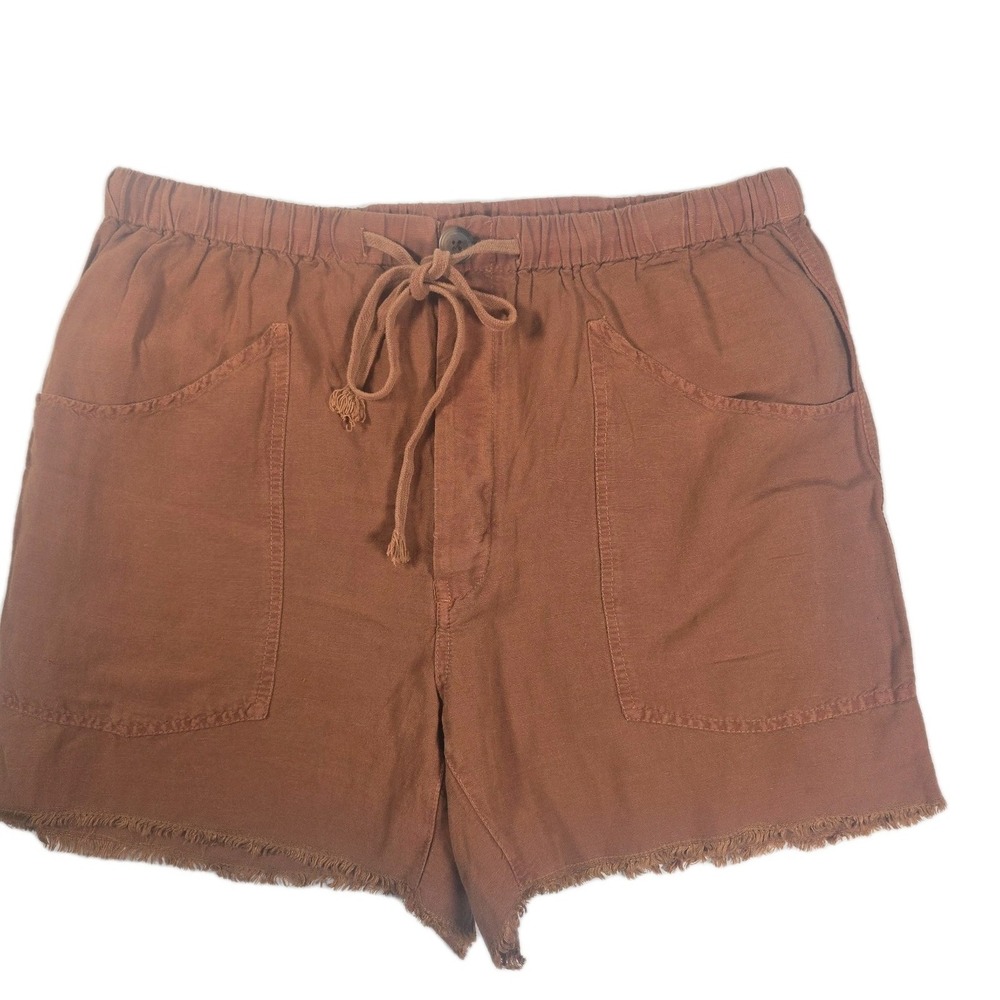 Free People Women's Small Button Fly Elastic Waist Frayed Hem Linen Shorts